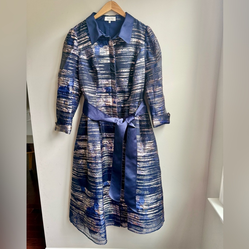 Teri Jon Navy Metallic Jacquard Shirt Dress Size 16